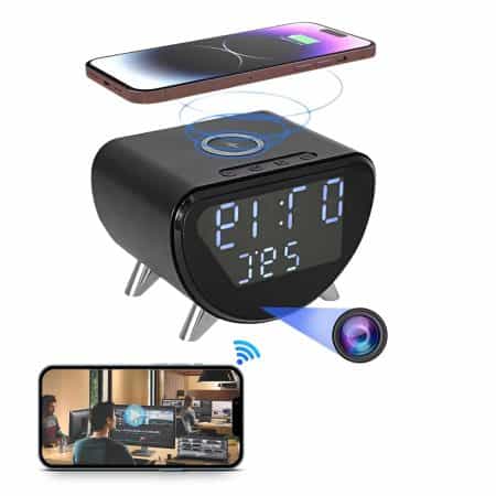 4K WIFI | Portable Hidden Camera with Clock-Shape | Motion Detection for Home Security | Wireless Charging Small Camera for People,Pet | SD Card Storage