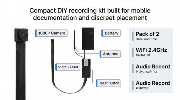 1080P Mini DIY body worn camera, hidden camera with audio, 2-Pack WiFi Evidence Kit with RTSP, SD Slot, 15cm Cable