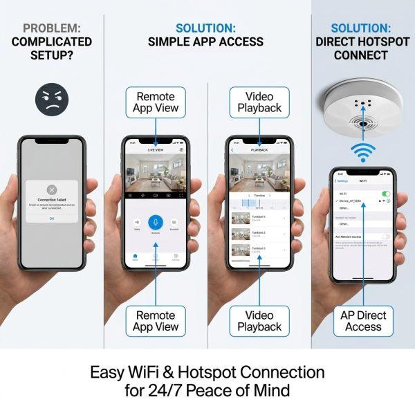 RX-S1 Smoke Detector battery powered hidden camera with 10000 mAh battery, no wiring setup, WiFi remote view, night vision, SD card storage