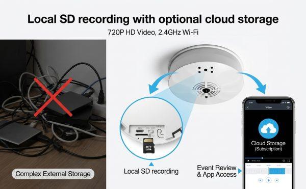 RX-S1 Smoke Detector battery powered hidden camera with 10000 mAh battery, no wiring setup, WiFi remote view, night vision, SD card storage