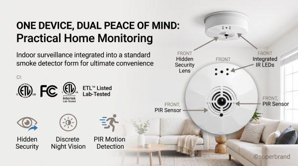 Affordable 2 in 1 smoke detector camera, smoke detector and security camera combo with WiFi App, 10000mAh Long Standby, SD/Cloud Storage, 720P Indoor