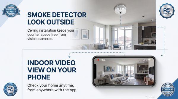 Affordable 2 in 1 smoke detector camera, smoke detector and security camera combo with WiFi App, 10000mAh Long Standby, SD/Cloud Storage, 720P Indoor