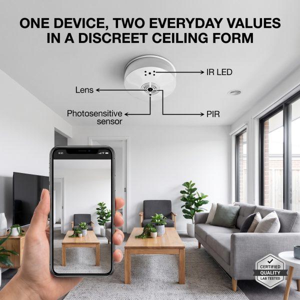 Affordable 2 in 1 smoke detector camera, smoke detector and security camera combo with WiFi App, 10000mAh Long Standby, SD/Cloud Storage, 720P Indoor