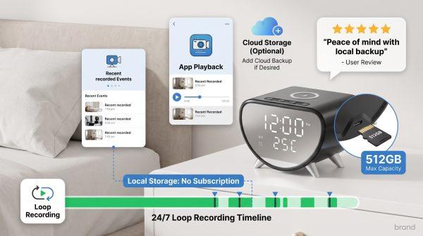 2K Indoor WiFi Camera with SD Card Storage, security camera no subscription, Wireless Charger Clock with 512GB SD Card Support