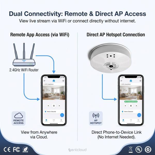 Affordable 2 in 1 smoke detector camera, smoke detector and security camera combo with WiFi App, 10000mAh Long Standby, SD/Cloud Storage, 720P Indoor