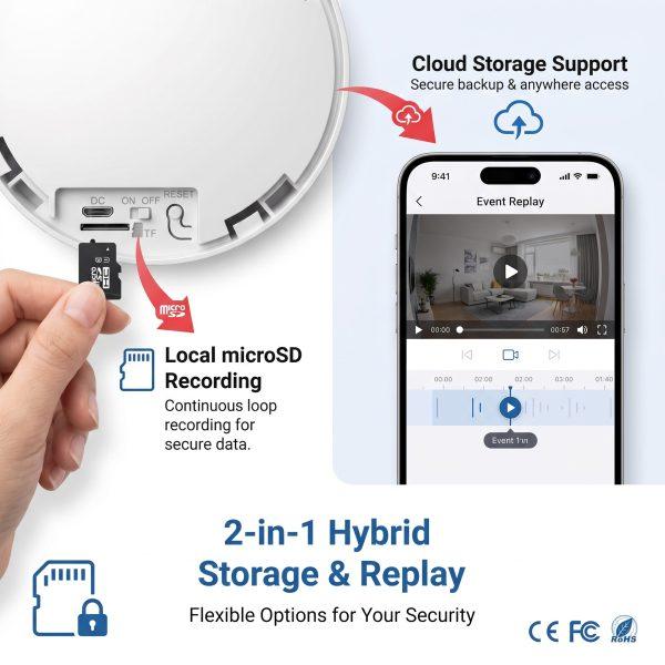 Affordable 2 in 1 smoke detector camera, smoke detector and security camera combo with WiFi App, 10000mAh Long Standby, SD/Cloud Storage, 720P Indoor