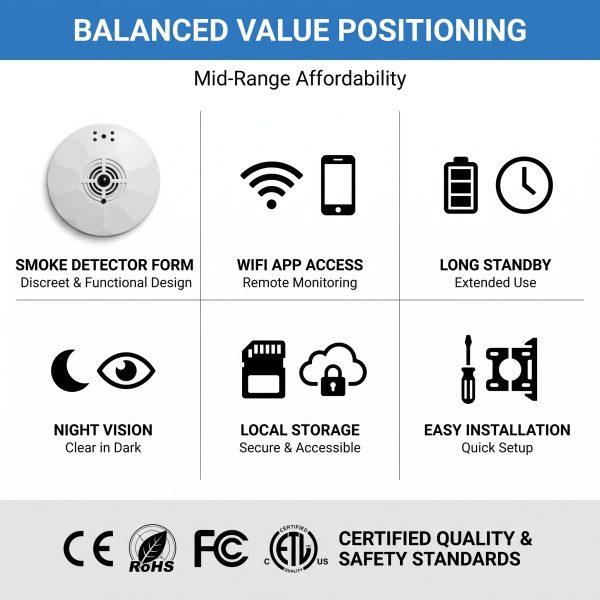Affordable 2 in 1 smoke detector camera, smoke detector and security camera combo with WiFi App, 10000mAh Long Standby, SD/Cloud Storage, 720P Indoor
